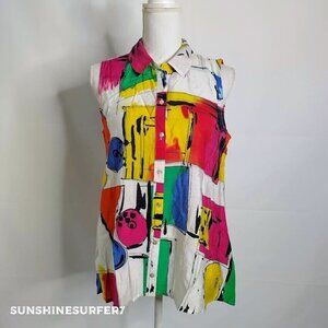 Milano Button Up Blouse Womens S Multicolor Art to Wear Sleeveless Lightweight